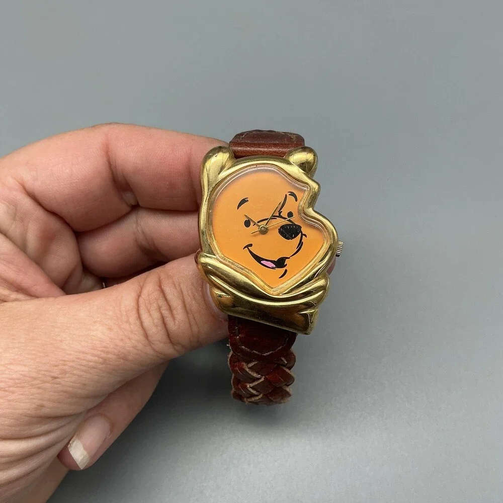 Vintage Timex Pooh Womens Watch 30mm Profile Gold Tone Leather New Battery